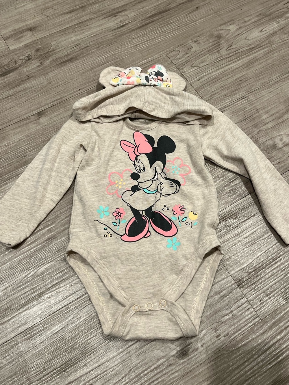 Disney Beige Hooded Minnie Mouse Baby One-Piece with Pink Accents